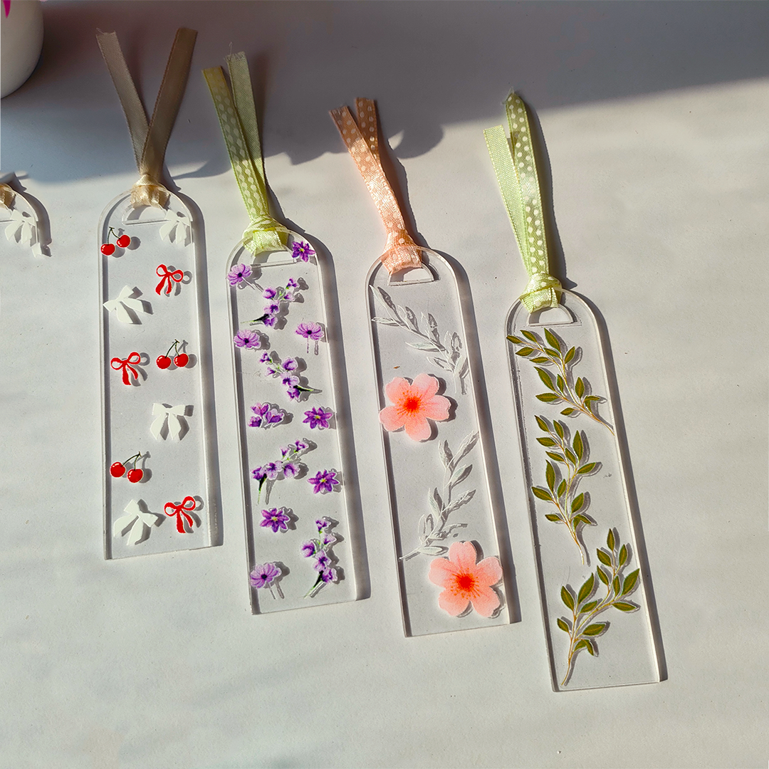 Handcrafted Acrylic Bookmarks with Real Dried Flowers & Satin Ribbons – Combo Pack of 4