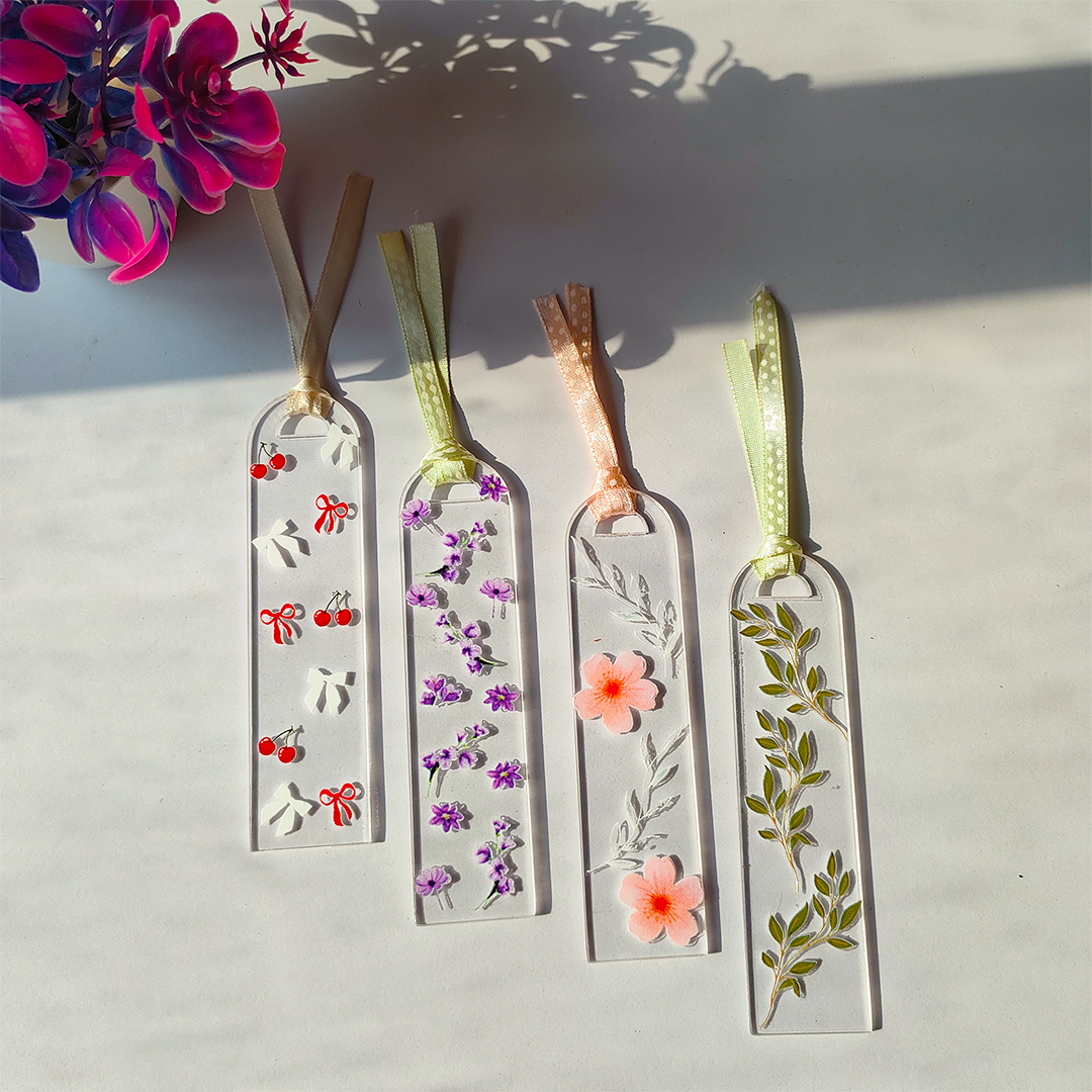 Handcrafted Acrylic Bookmarks with Real Dried Flowers & Satin Ribbons – Combo Pack of 4