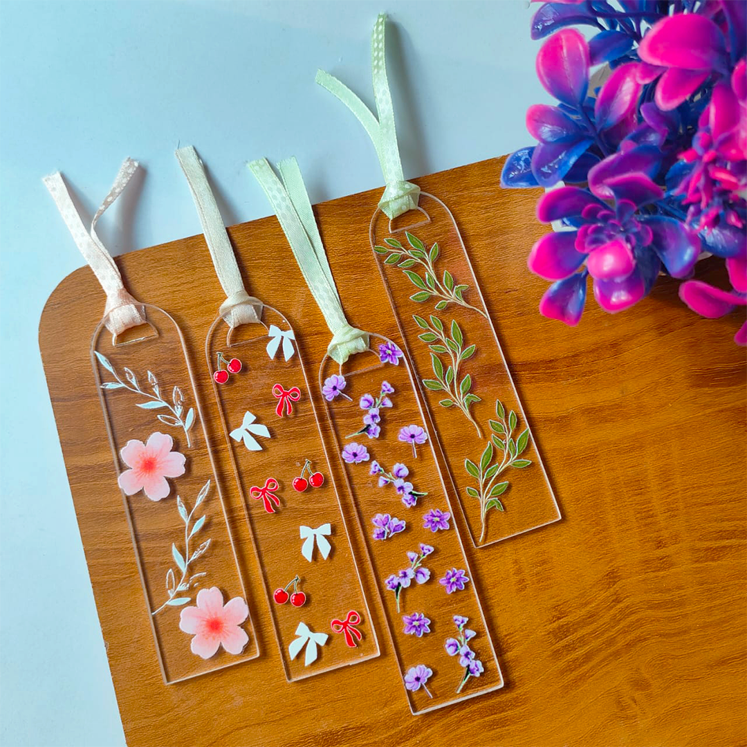 Handcrafted Acrylic Bookmarks with Real Dried Flowers & Satin Ribbons – Combo Pack of 4