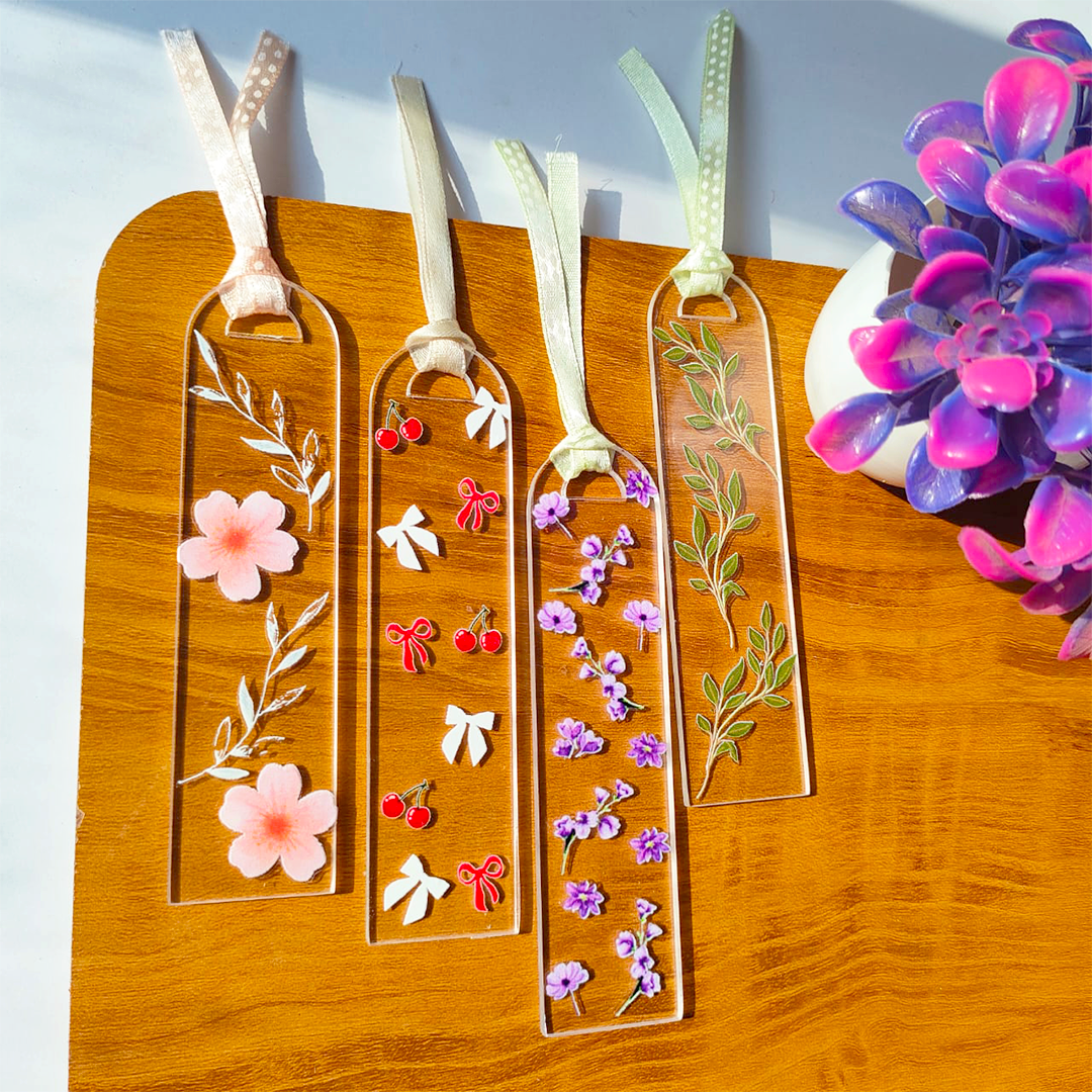 Handcrafted Acrylic Bookmarks with Real Dried Flowers & Satin Ribbons – Combo Pack of 4