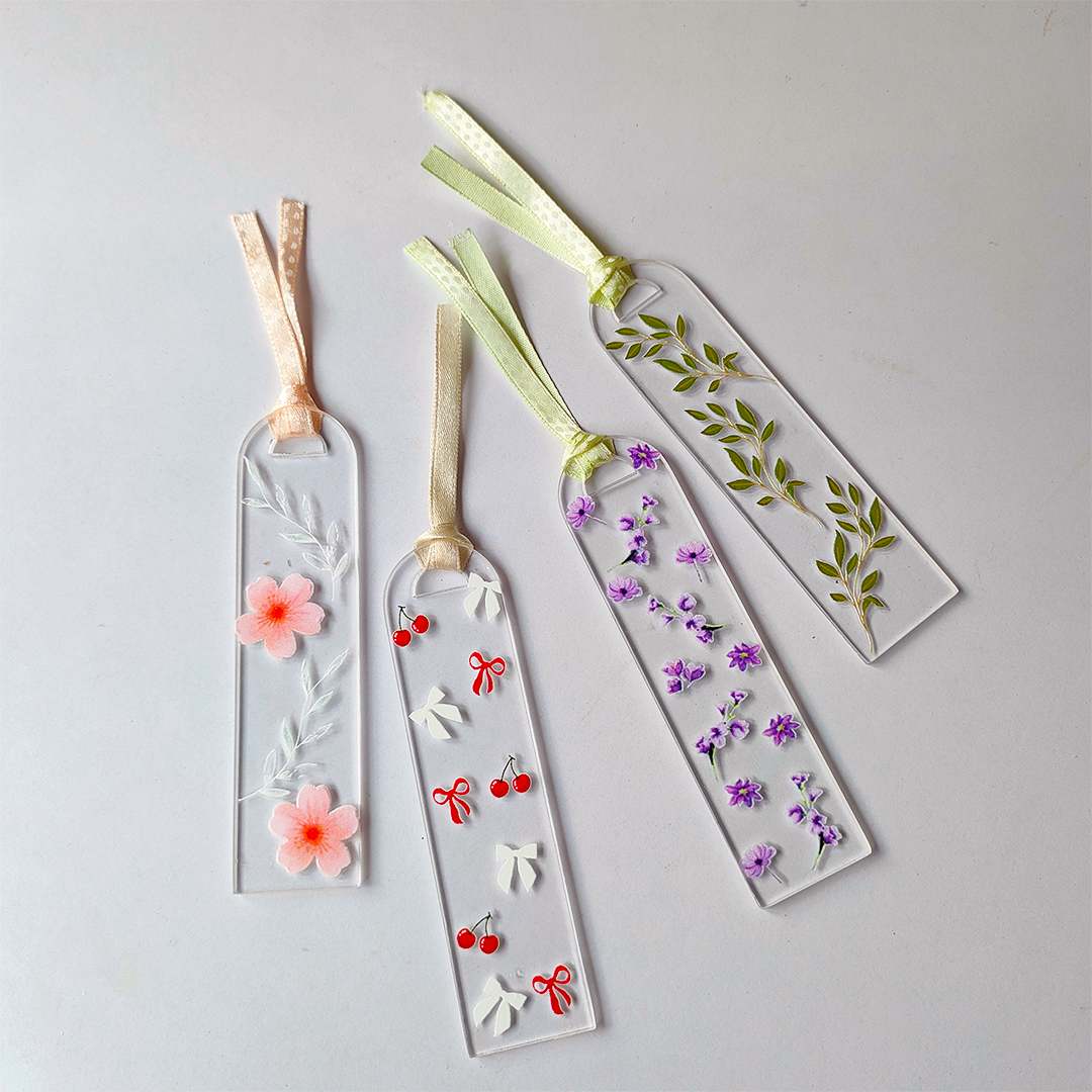 Handcrafted Acrylic Bookmarks with Real Dried Flowers & Satin Ribbons – Combo Pack of 4