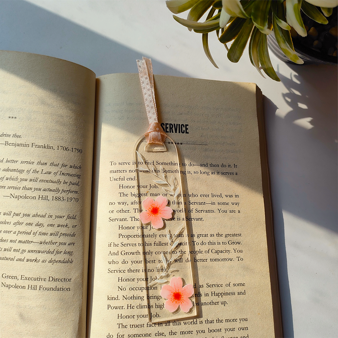 Handcrafted Acrylic Bookmarks with Real Dried Flowers & Satin Ribbons – Combo Pack of 4