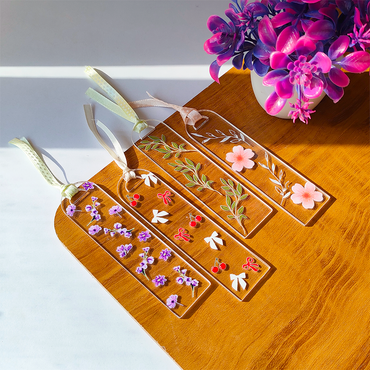 Handcrafted Acrylic Bookmarks with Real Dried Flowers & Satin Ribbons – Combo Pack of 4