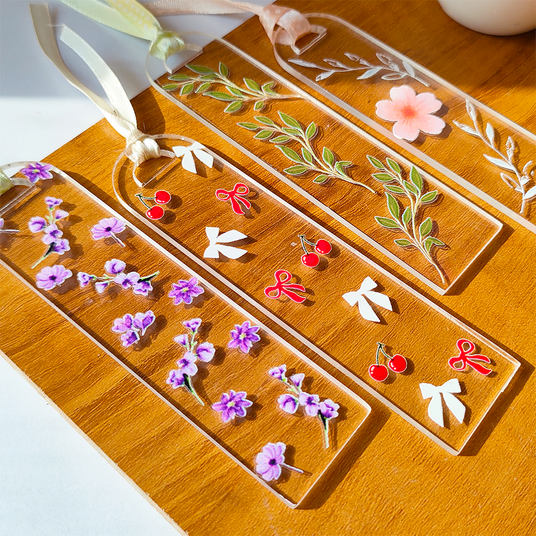 Handcrafted Acrylic Bookmarks with Real Dried Flowers & Satin Ribbons – Combo Pack of 4