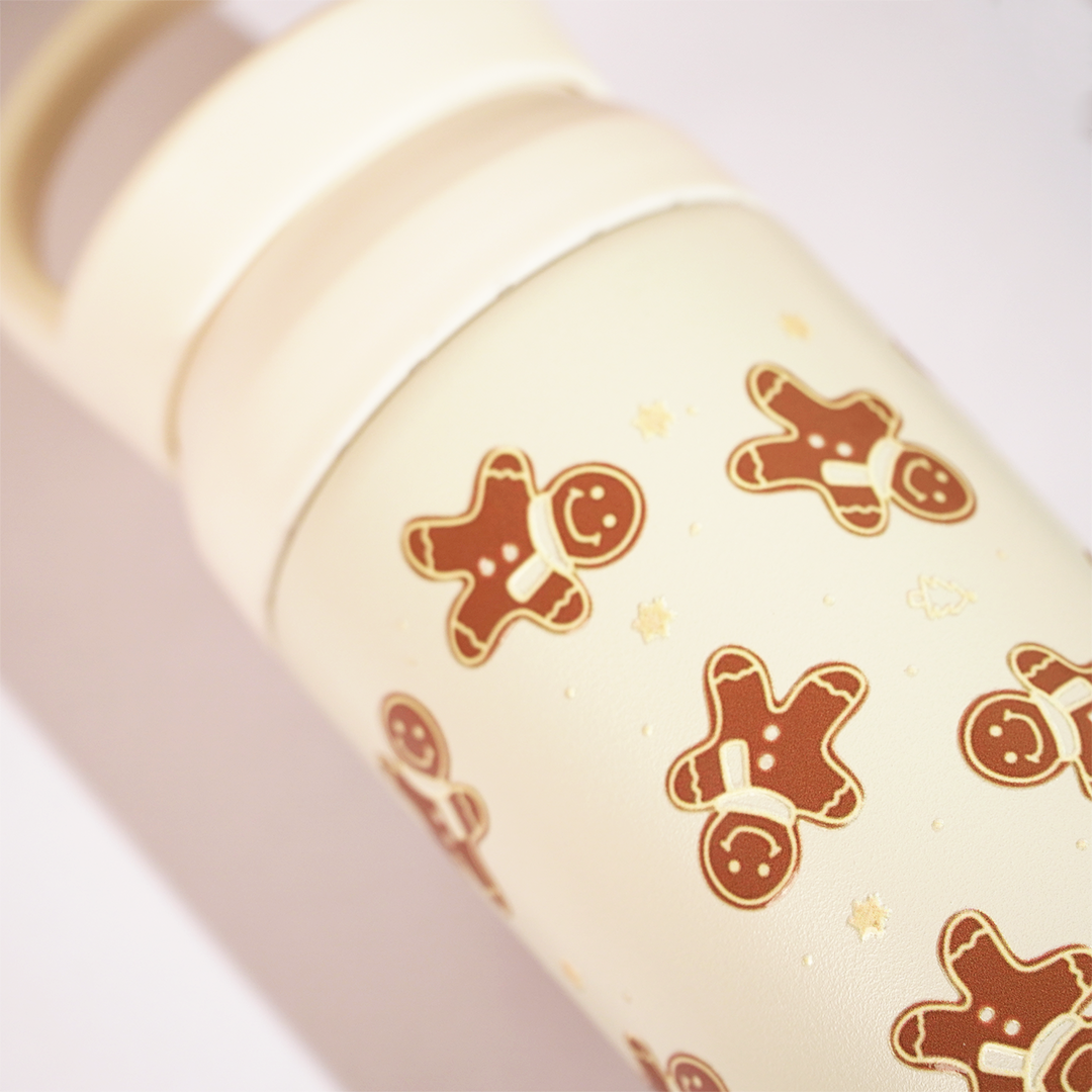 Christmas Gingerbread Vacuum Insulated Tumbler – 490ml Hot & Cold Stainless Steel Bottle with Carry Loop Lid