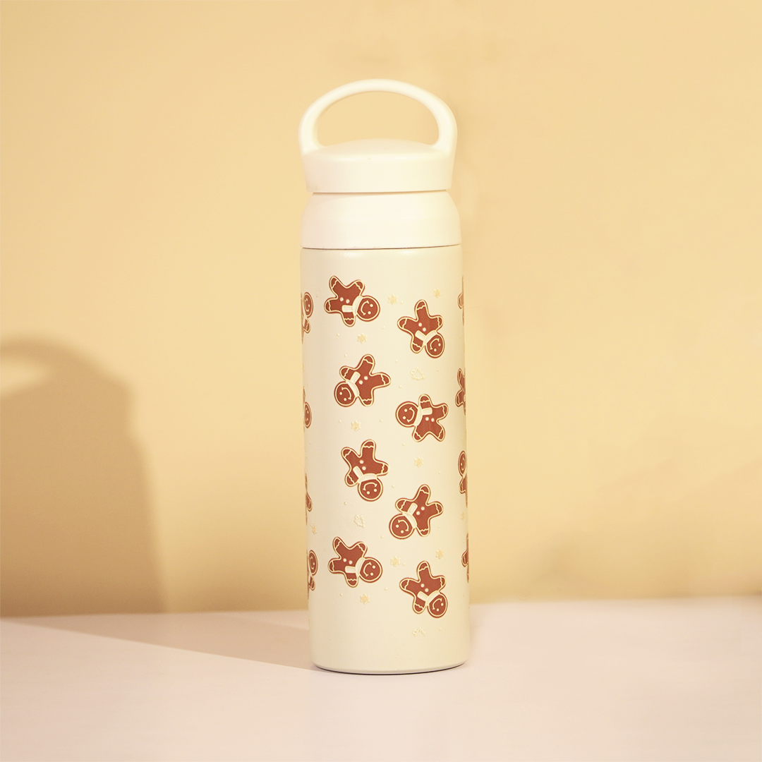 Christmas Gingerbread Vacuum Insulated Tumbler – 490ml Hot & Cold Stainless Steel Bottle with Carry Loop Lid
