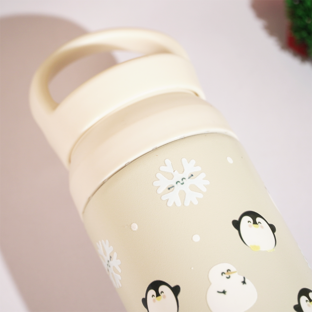 Cute Penguin Design Vacuum Insulated Tumbler – 490ml Hot & Cold Stainless Steel Bottle with Carry Loop Lid