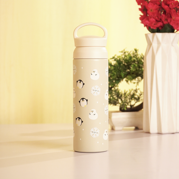 Cute Penguin Design Vacuum Insulated Tumbler – 490ml Hot & Cold Stainless Steel Bottle with Carry Loop Lid
