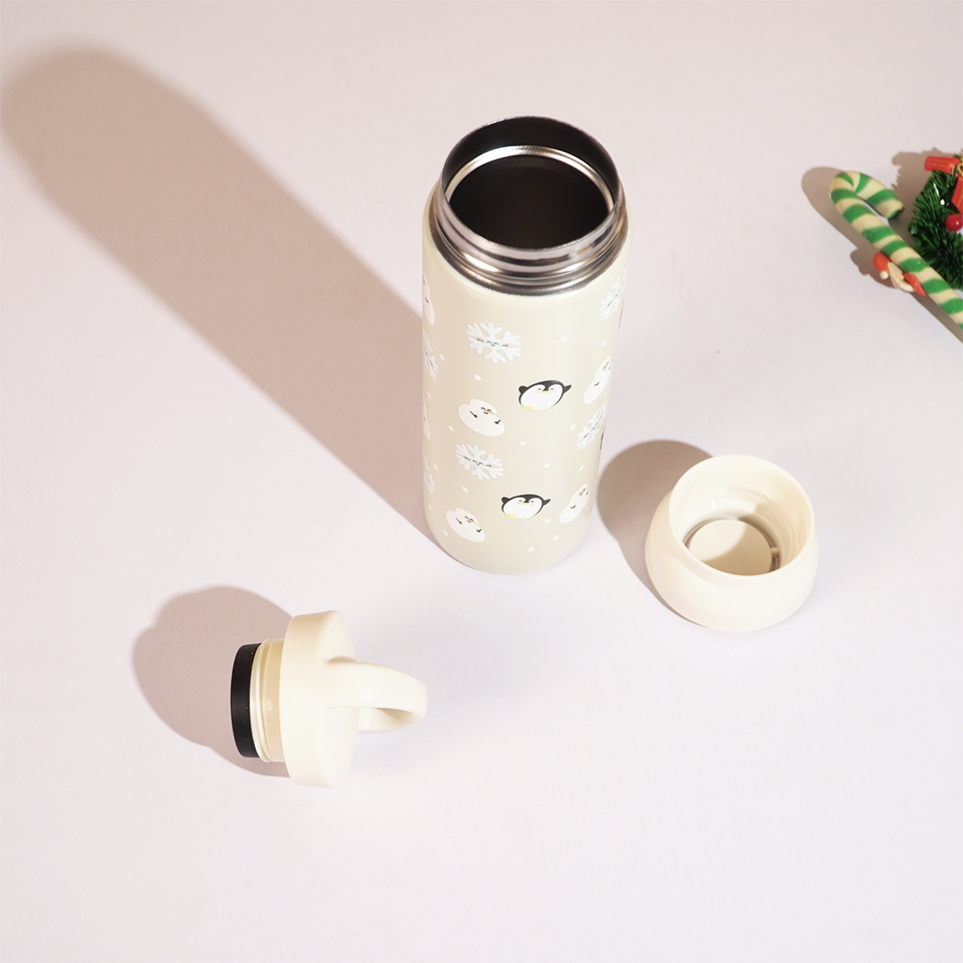 Cute Penguin Design Vacuum Insulated Tumbler – 490ml Hot & Cold Stainless Steel Bottle with Carry Loop Lid
