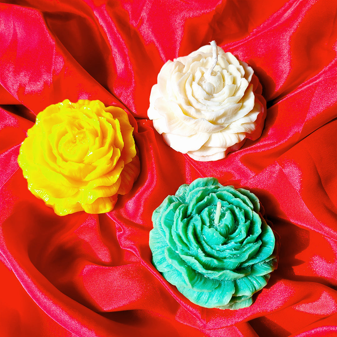 Decorative Rose Flower Candles (White, Yellow & Green) – Perfect for Home Décor & Gifting