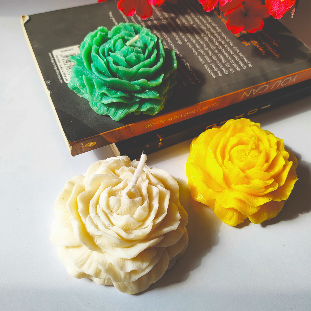 Decorative Rose Flower Candles (White, Yellow & Green) – Perfect for Home Décor & Gifting