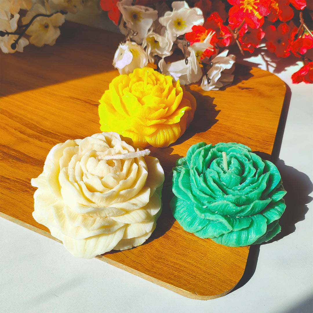 Decorative Rose Flower Candles (White, Yellow & Green) – Perfect for Home Décor & Gifting
