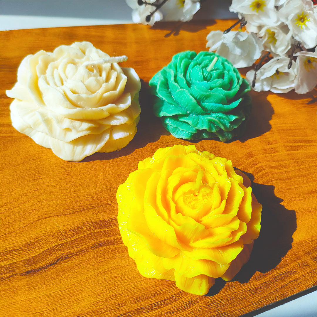 Decorative Rose Flower Candles (White, Yellow & Green) – Perfect for Home Décor & Gifting