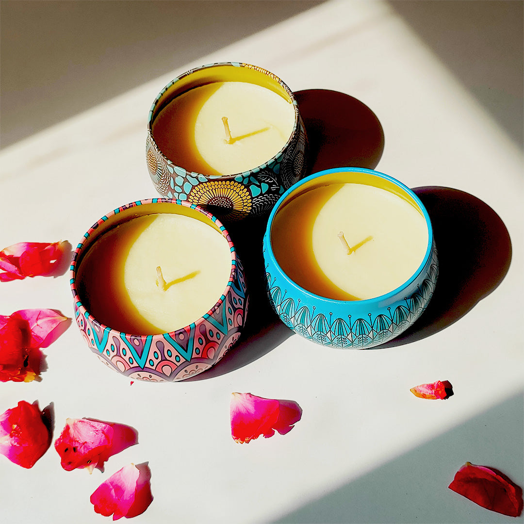 Mandala Glow Scented Candles – Set of 3 Boho Decorative Tins