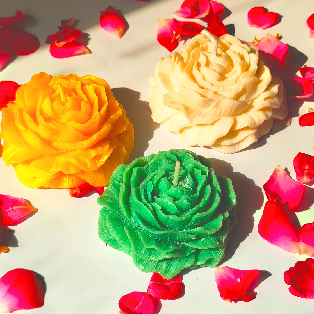 Decorative Rose Flower Candles (White, Yellow & Green) – Perfect for Home Décor & Gifting