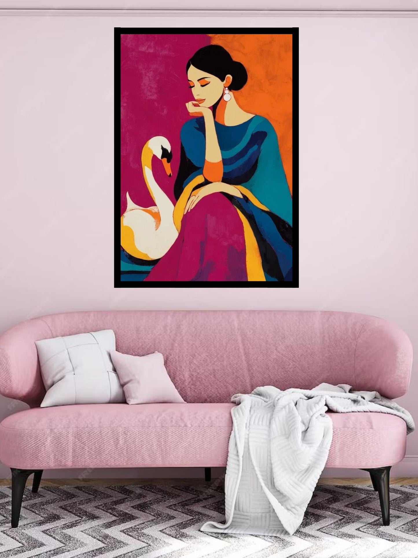 Elegant Lady with Swan Canvas Painting – Modern Abstract Portrait Wall Art