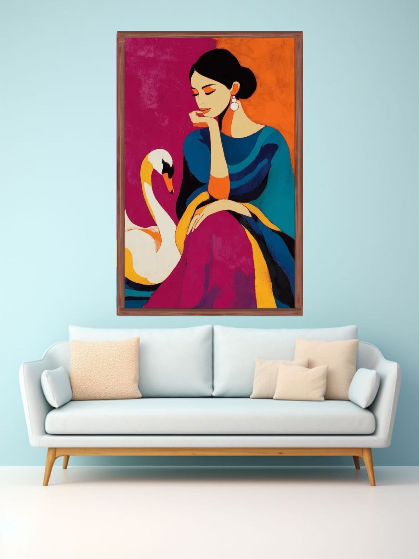 Elegant Lady with Swan Canvas Painting – Modern Abstract Portrait Wall Art