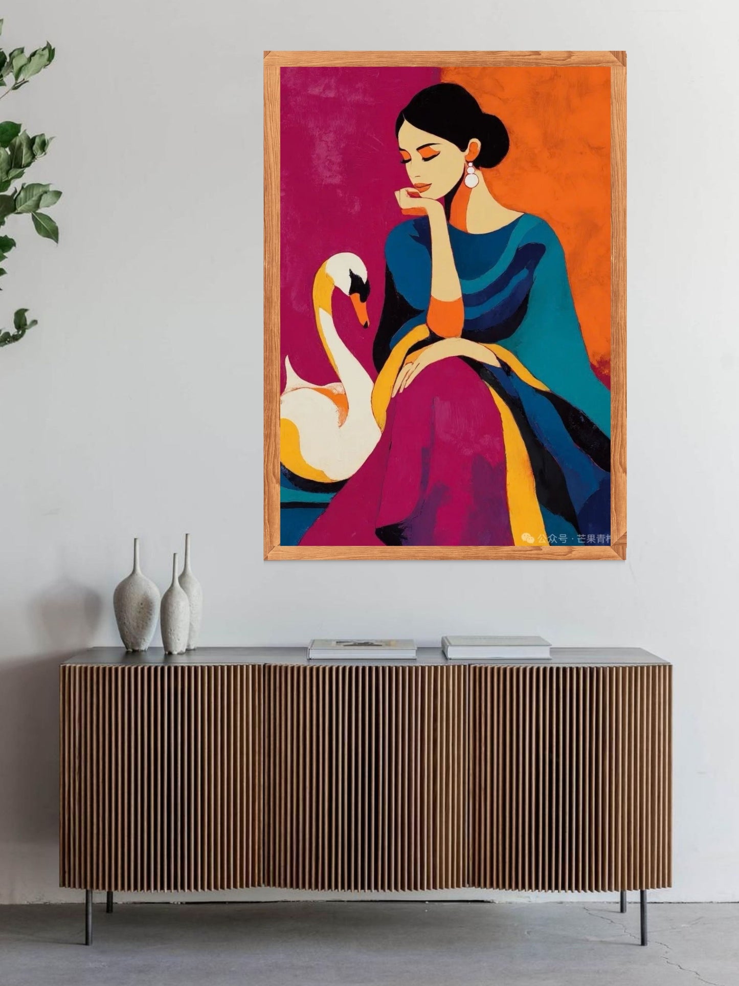Elegant Lady with Swan Canvas Painting – Modern Abstract Portrait Wall Art