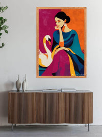 Elegant Lady with Swan Canvas Painting – Modern Abstract Portrait Wall Art