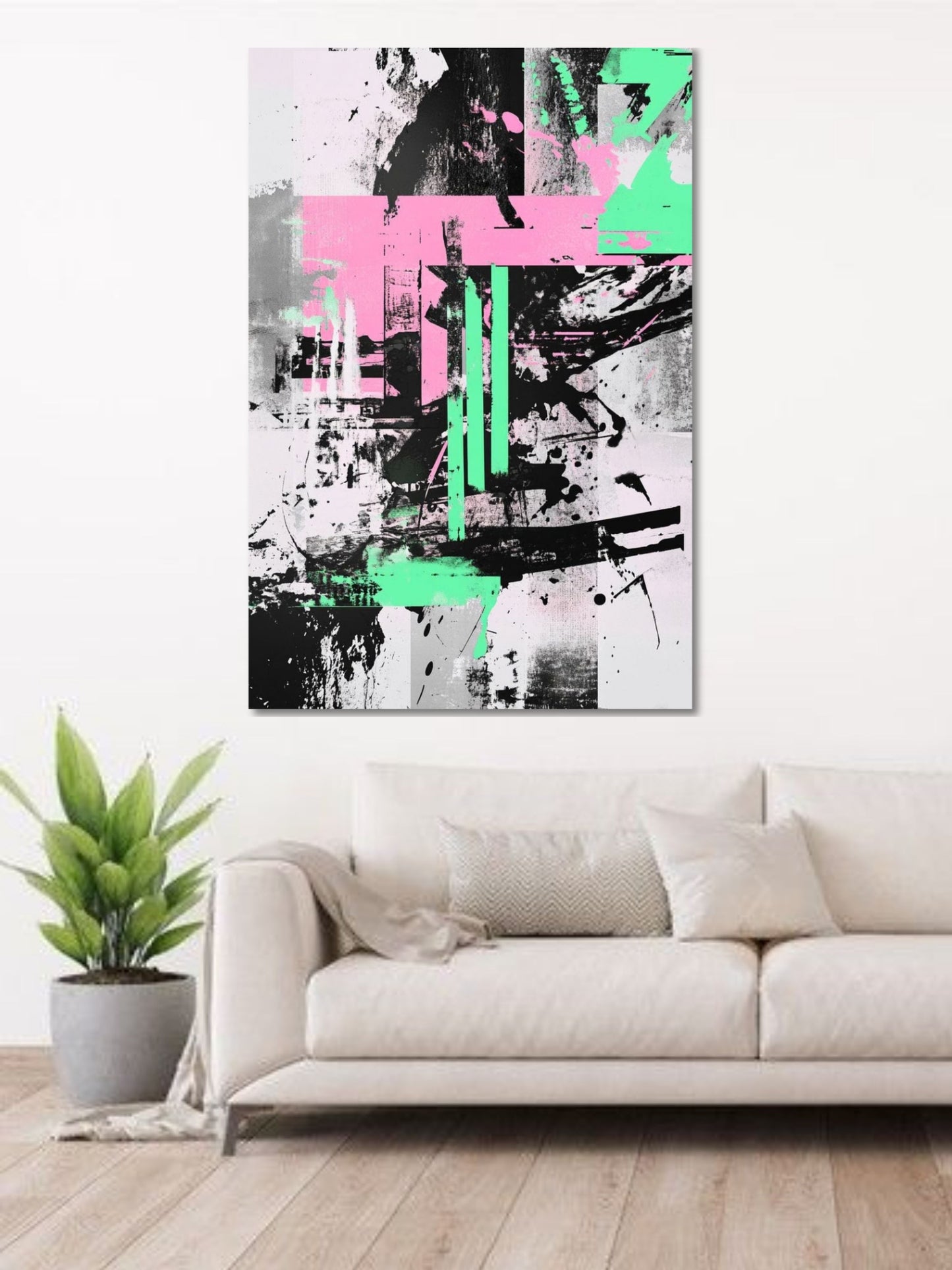 Modern Abstract Geometric Canvas Wall Art | Black Pink Green Contemporary Painting