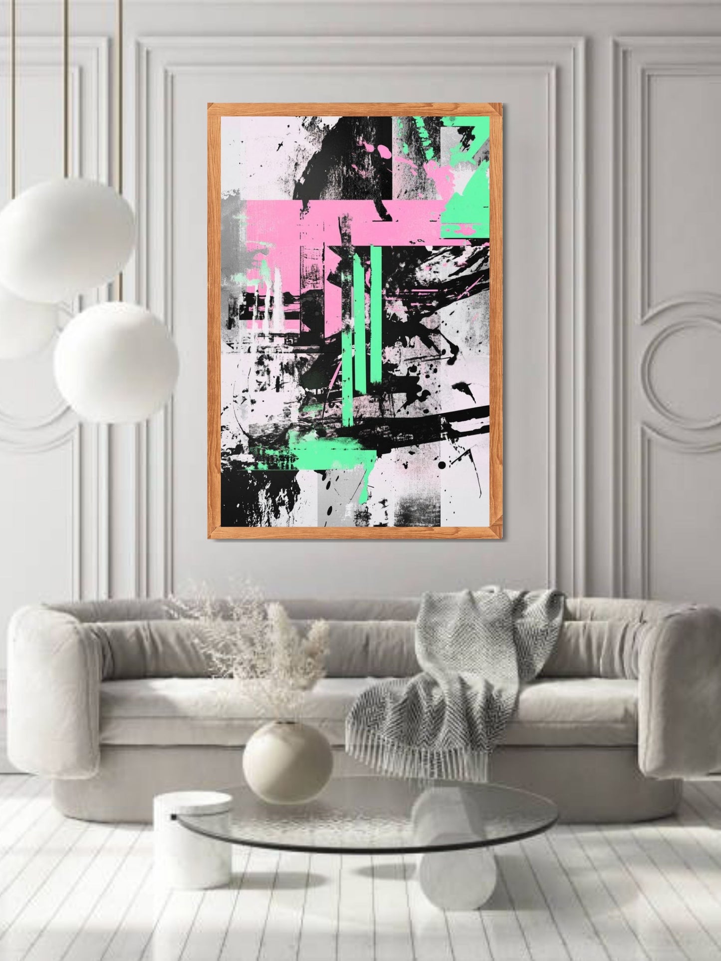 Modern Abstract Geometric Canvas Wall Art | Black Pink Green Contemporary Painting