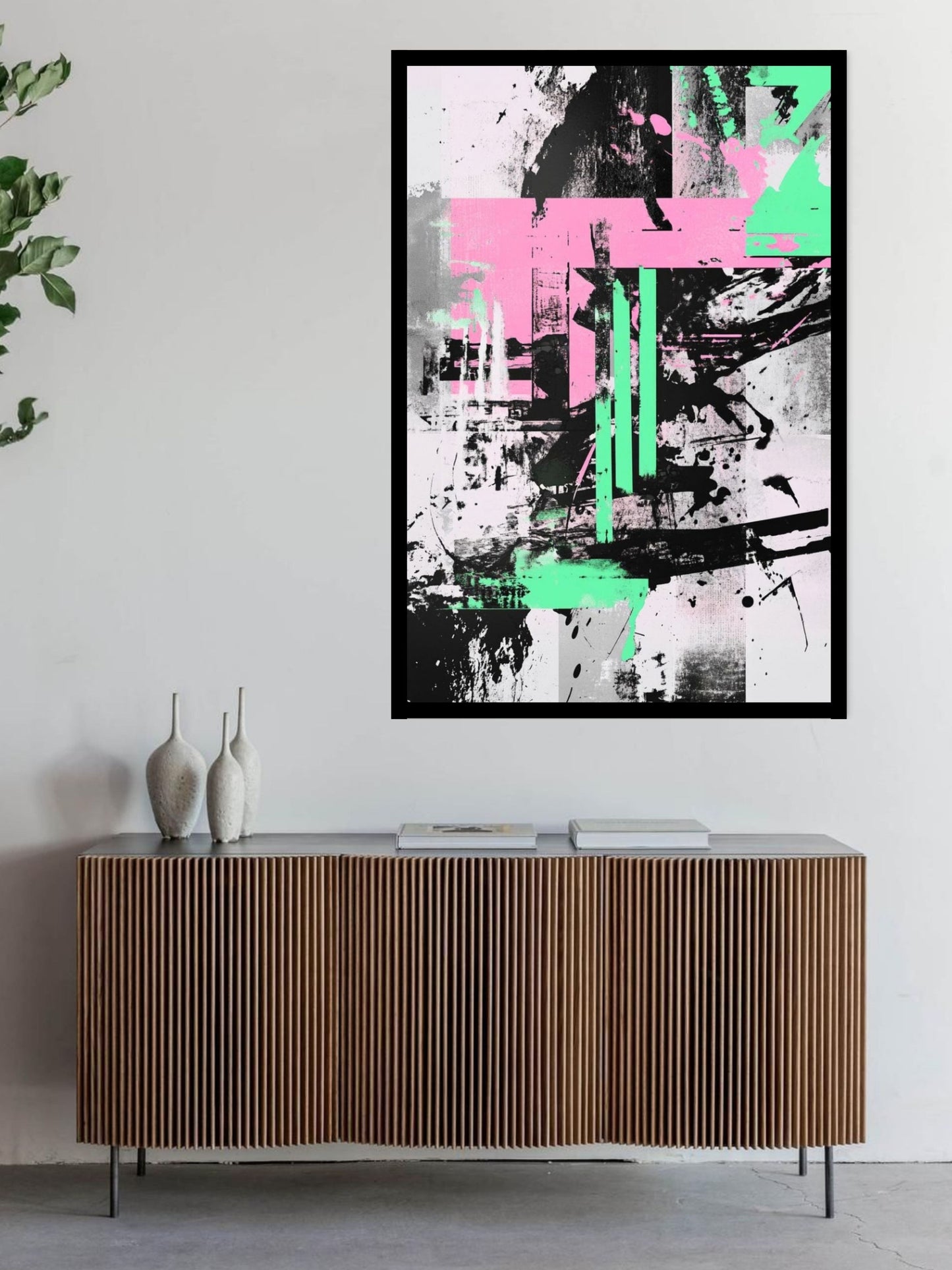 Modern Abstract Geometric Canvas Wall Art | Black Pink Green Contemporary Painting