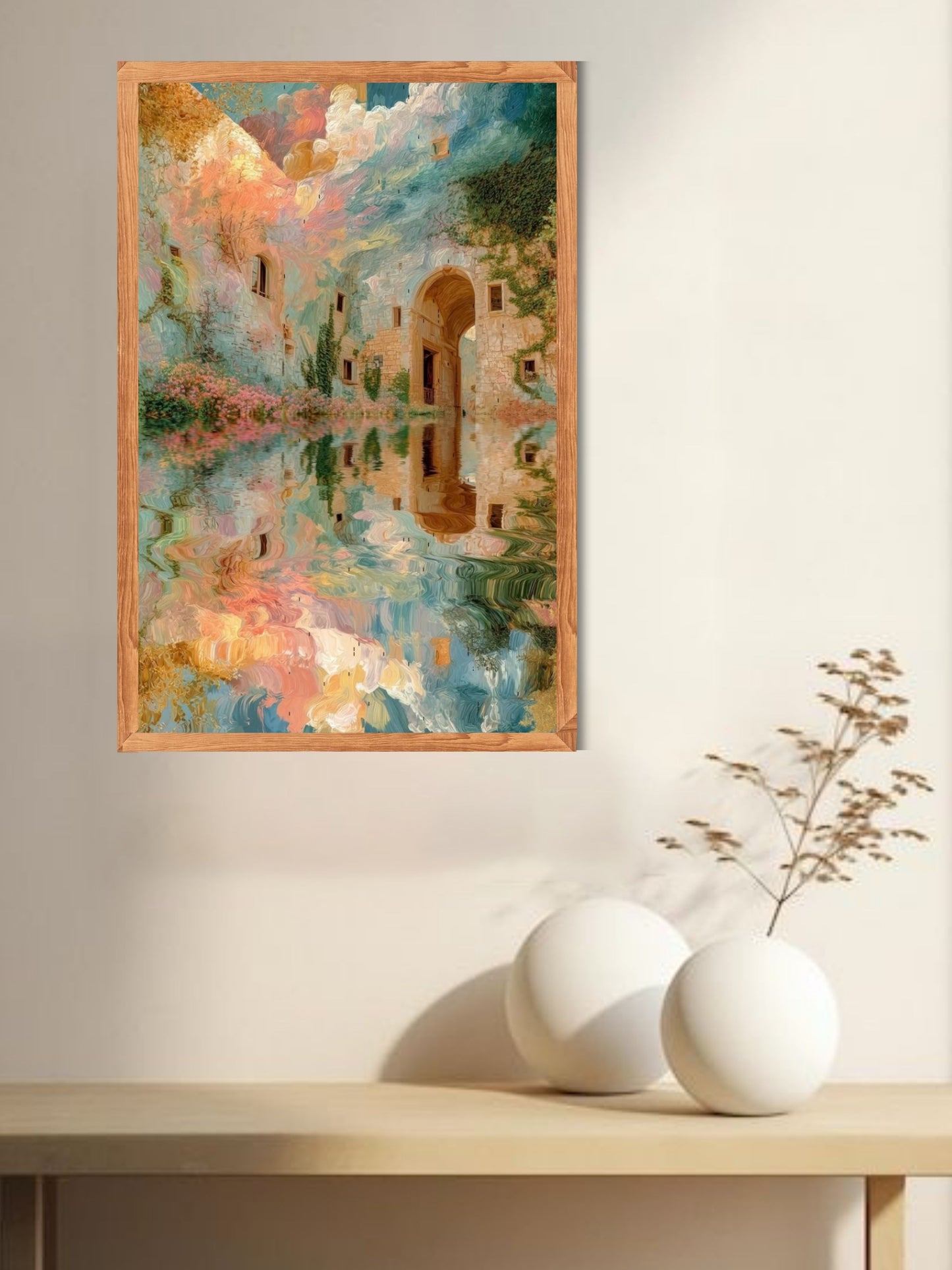 Pastel Landscape Canvas Wall Art | Dreamy Architectural Reflection Painting
