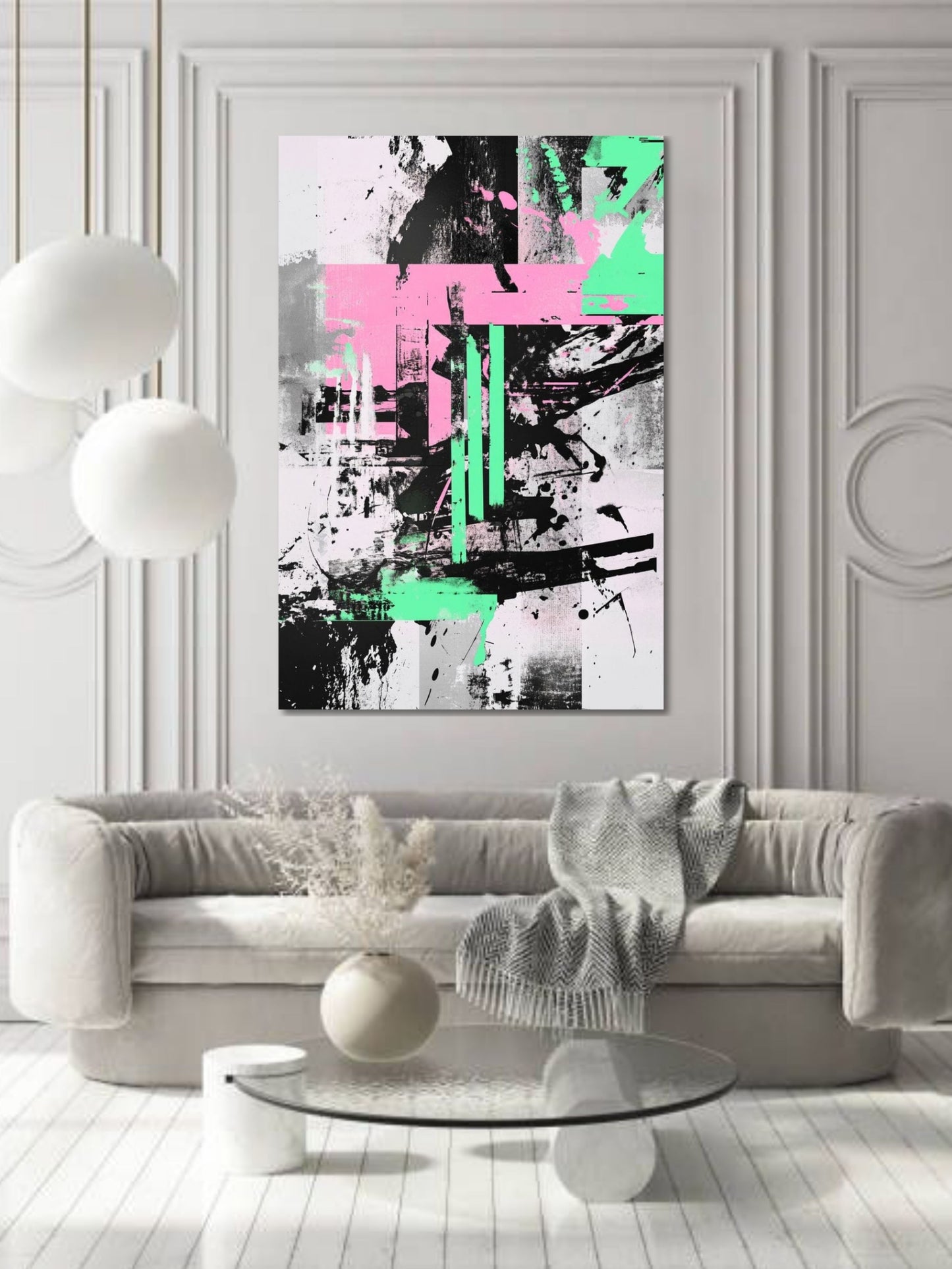 Modern Abstract Geometric Canvas Wall Art | Black Pink Green Contemporary Painting