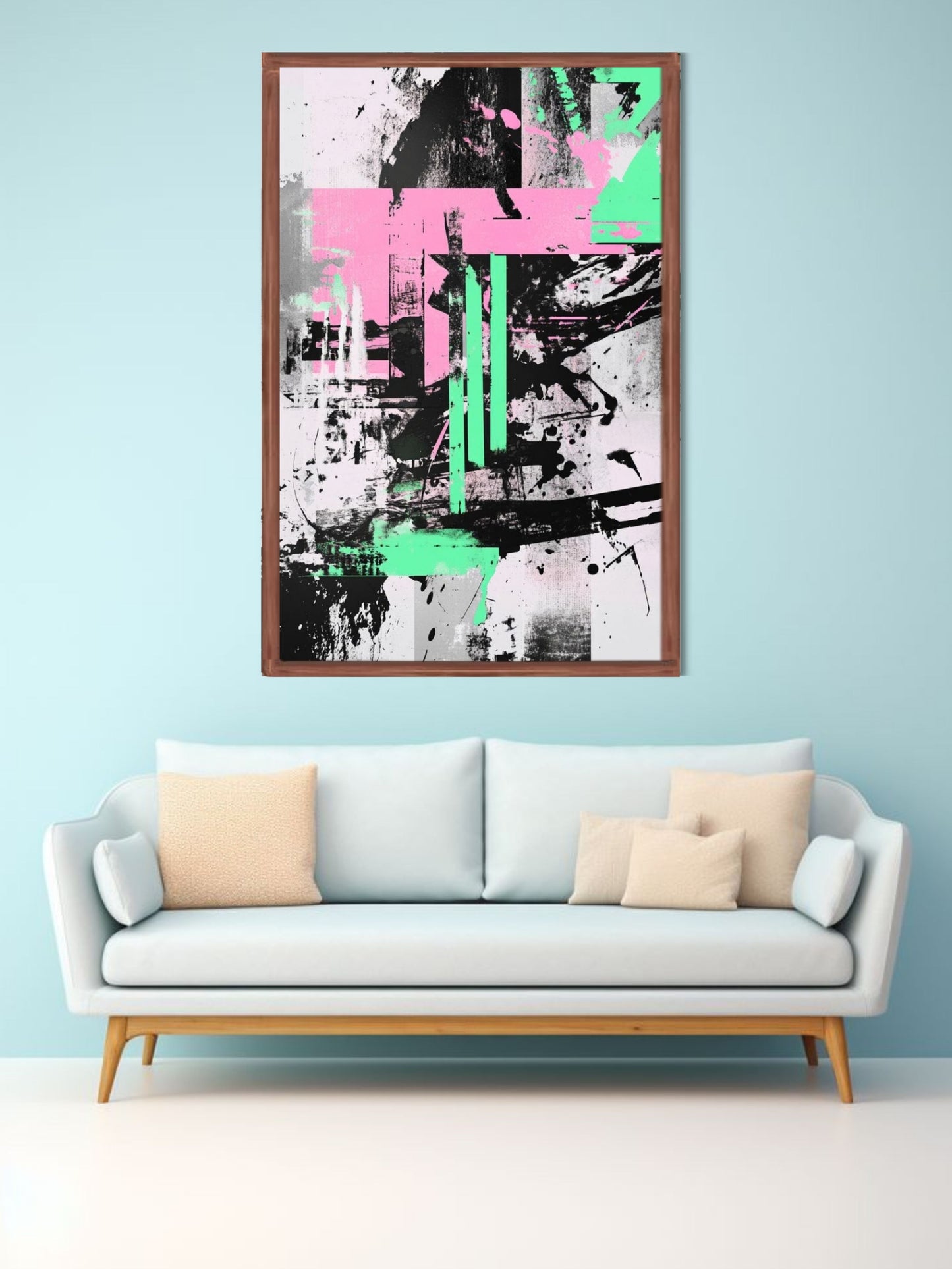 Modern Abstract Geometric Canvas Wall Art | Black Pink Green Contemporary Painting