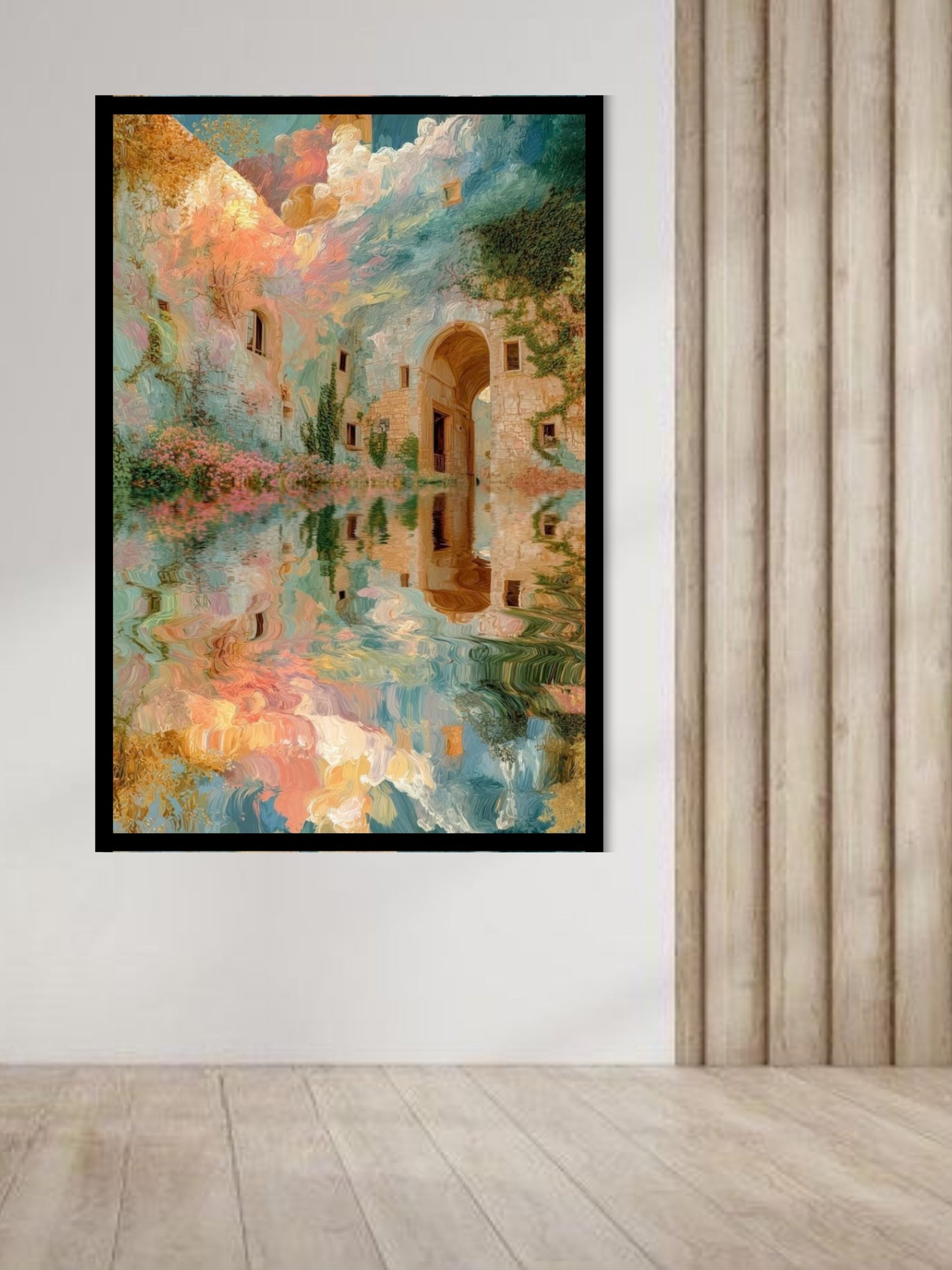 Pastel Landscape Canvas Wall Art | Dreamy Architectural Reflection Painting