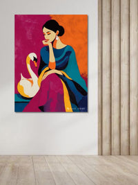Elegant Lady with Swan Canvas Painting – Modern Abstract Portrait Wall Art