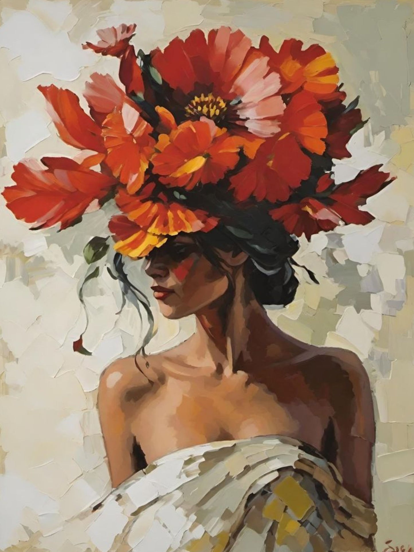 Elegant Woman with Floral Hat Canvas Wall Art | Modern Flower Portrait Painting