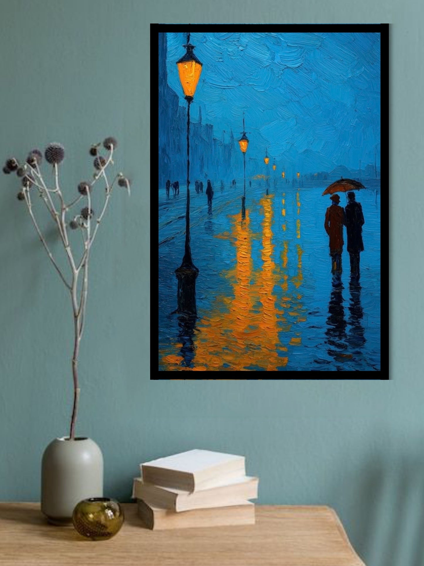 Romantic Rain Street Canvas Wall Art | Couple Under Umbrella Painting