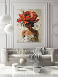 Elegant Woman with Floral Hat Canvas Wall Art | Modern Flower Portrait Painting