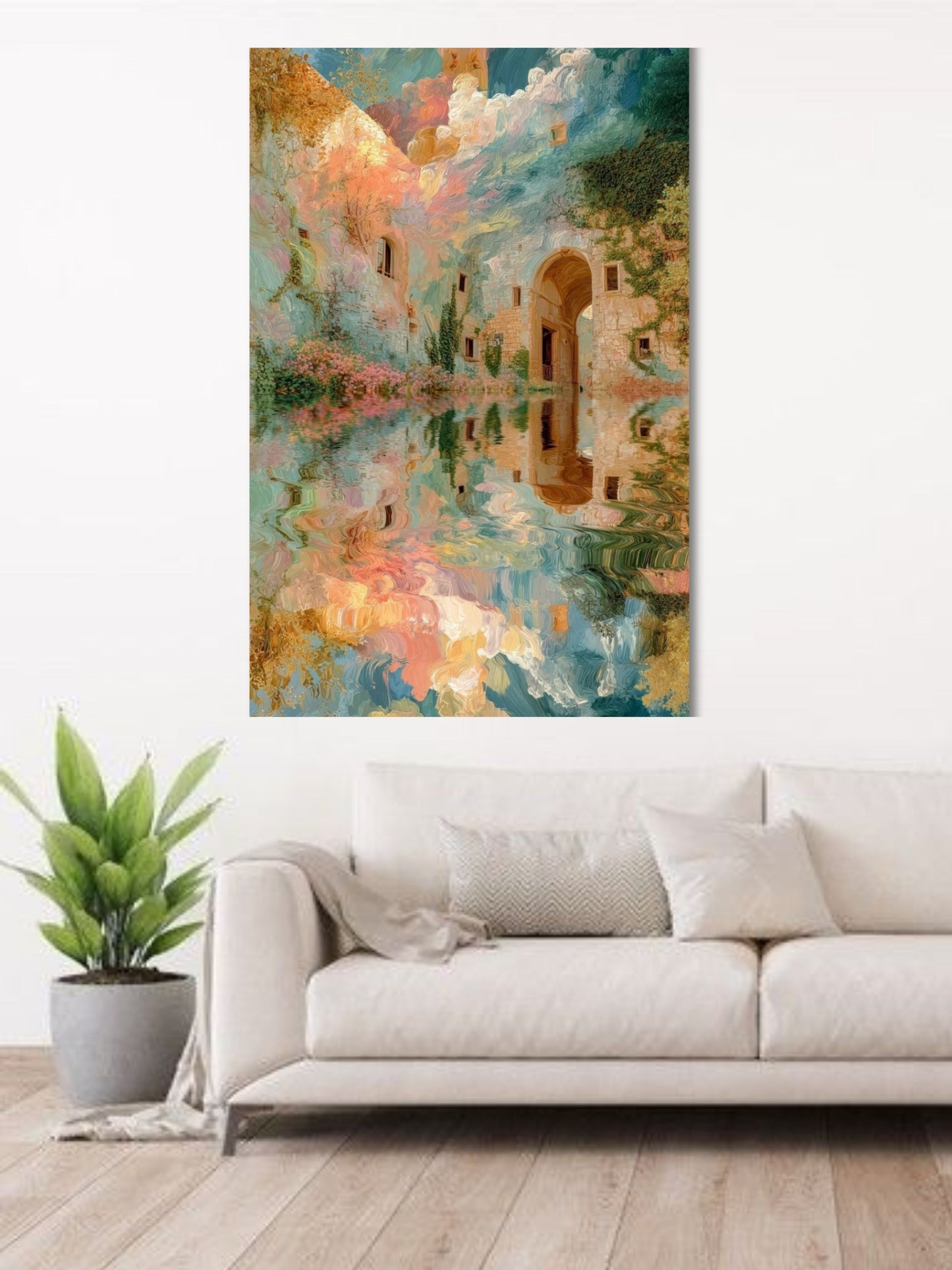 Pastel Landscape Canvas Wall Art | Dreamy Architectural Reflection Painting