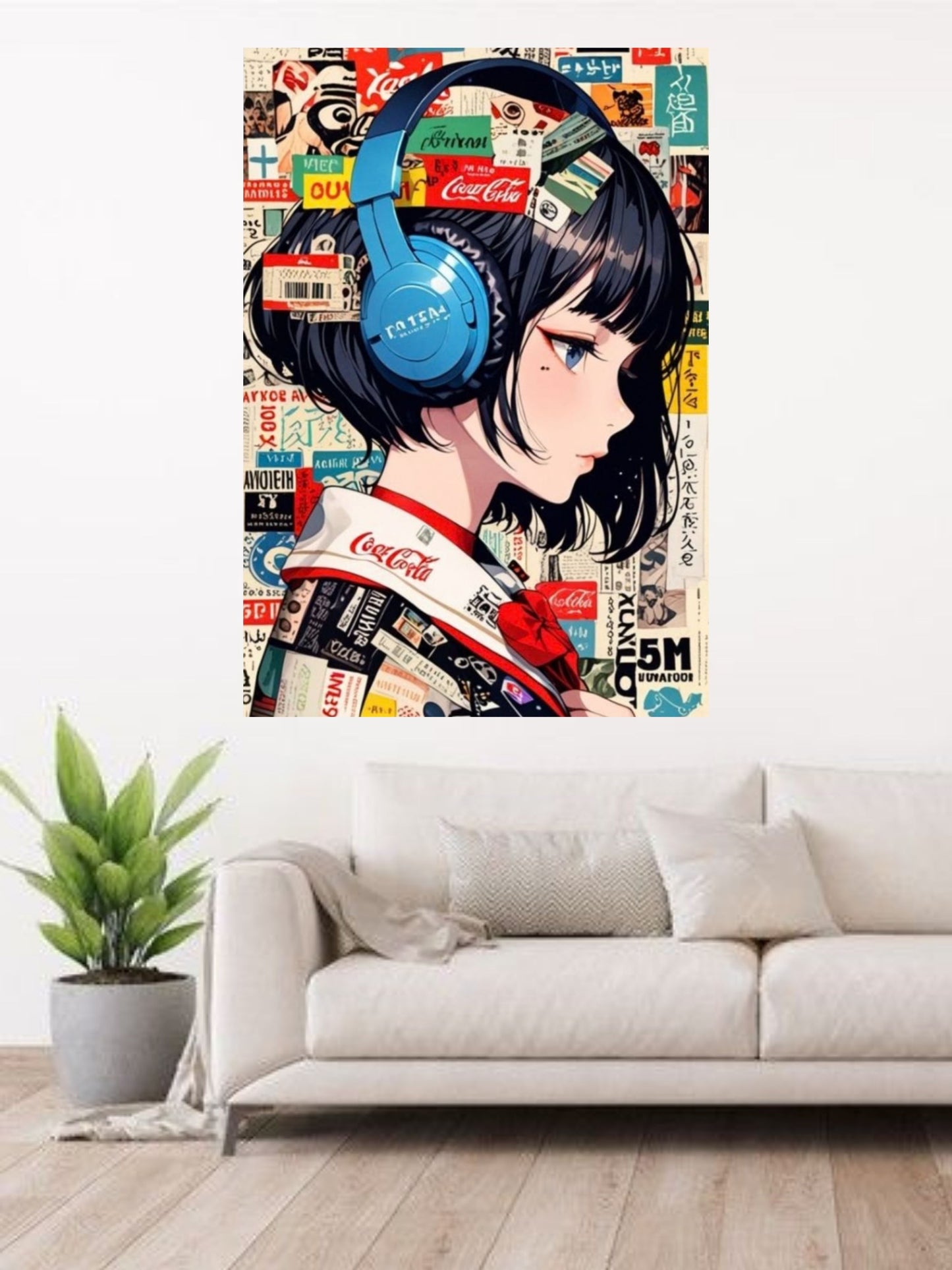 Anime Girl with Headphones Canvas Wall Art | Modern Pop Culture Portrait Painting