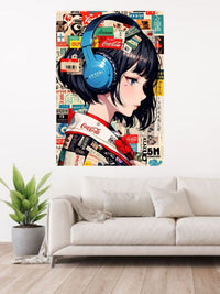 Anime Girl with Headphones Canvas Wall Art | Modern Pop Culture Portrait Painting