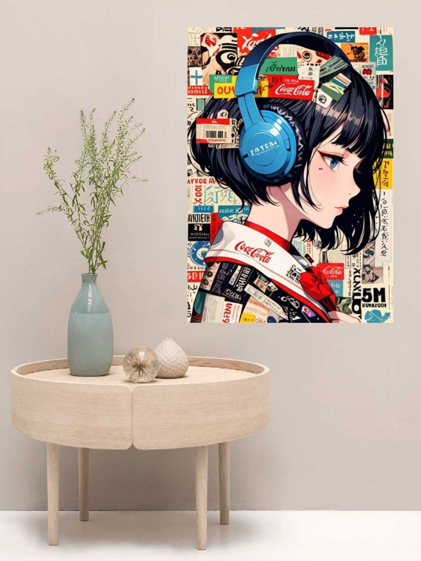 Anime Girl with Headphones Canvas Wall Art | Modern Pop Culture Portrait Painting