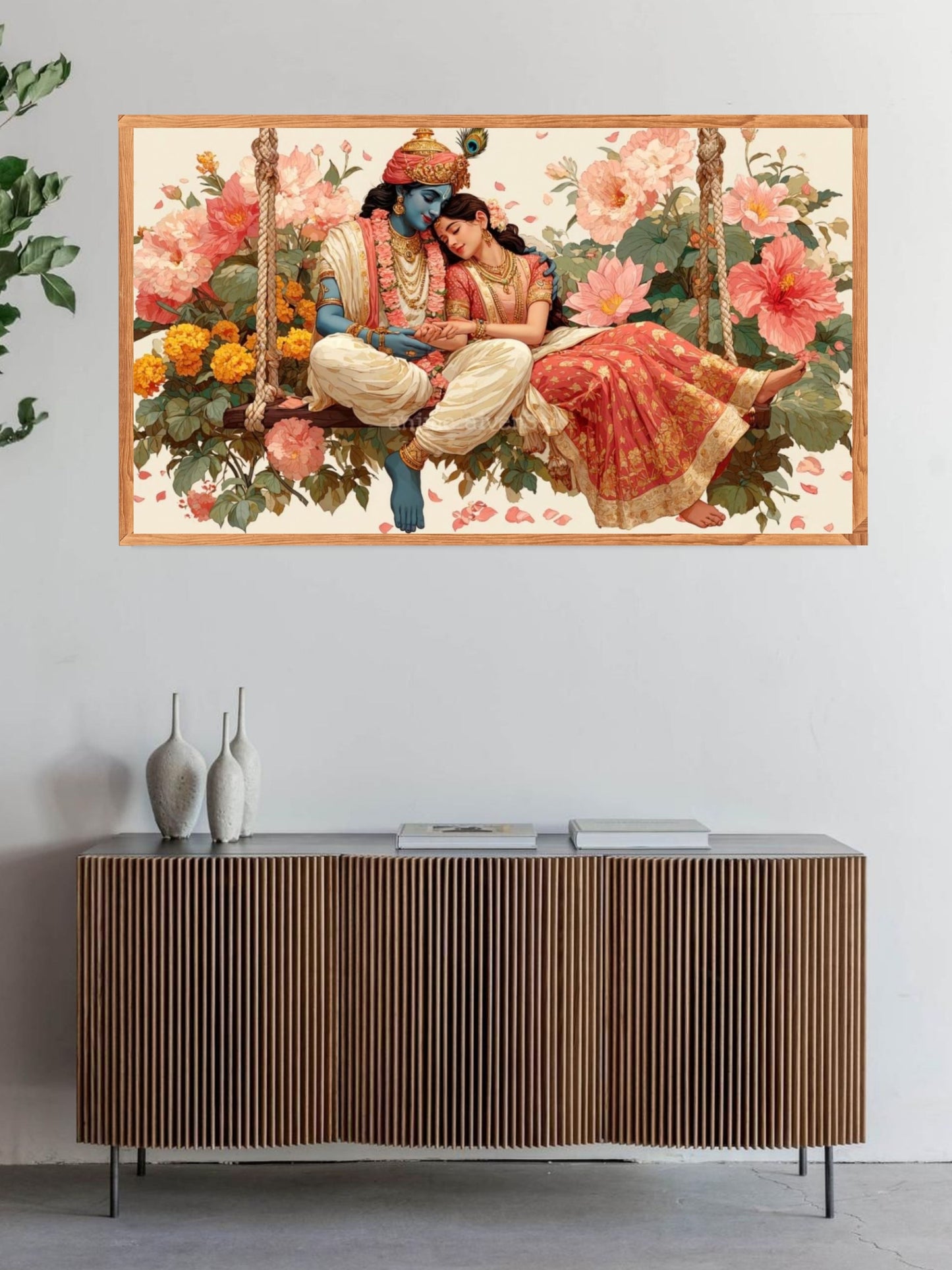 Radha Krishna Jhula Canvas Wall Art | Romantic Hindu God Swing Painting