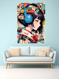 Anime Girl with Headphones Canvas Wall Art | Modern Pop Culture Portrait Painting