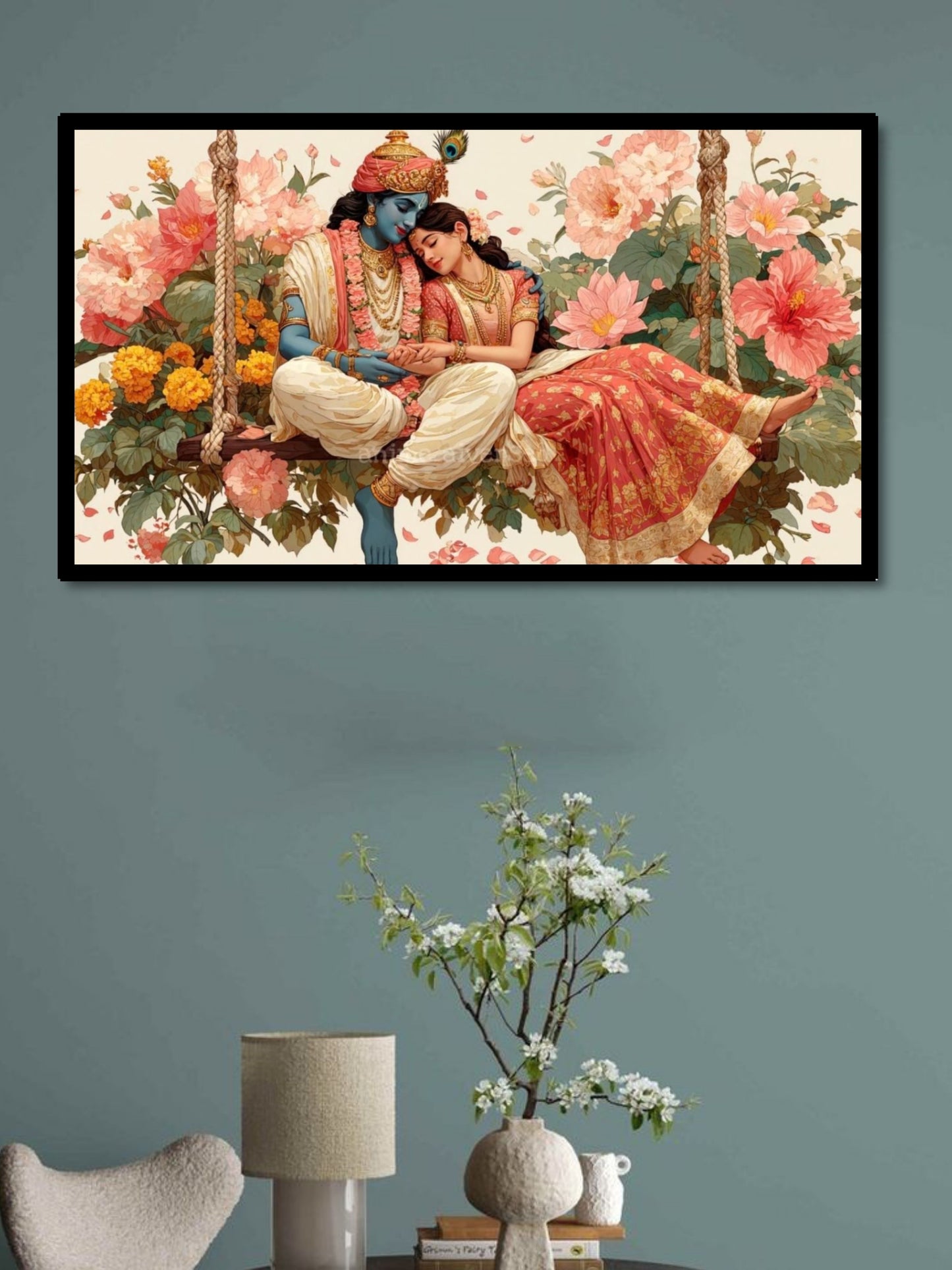 Radha Krishna Jhula Canvas Wall Art | Romantic Hindu God Swing Painting