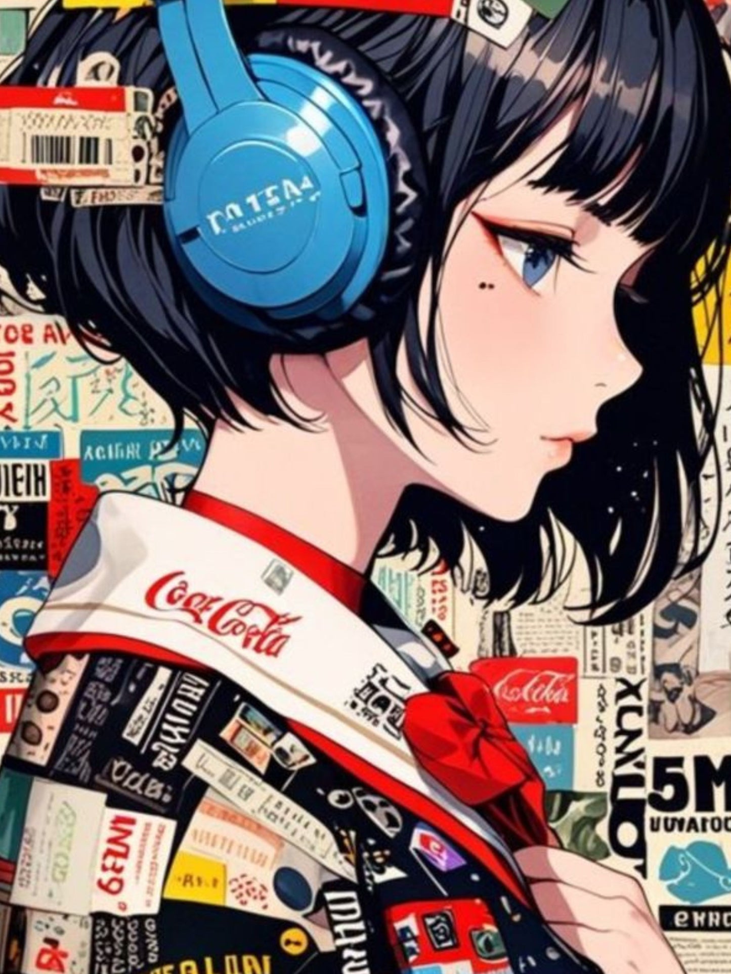 Anime Girl with Headphones Canvas Wall Art | Modern Pop Culture Portrait Painting