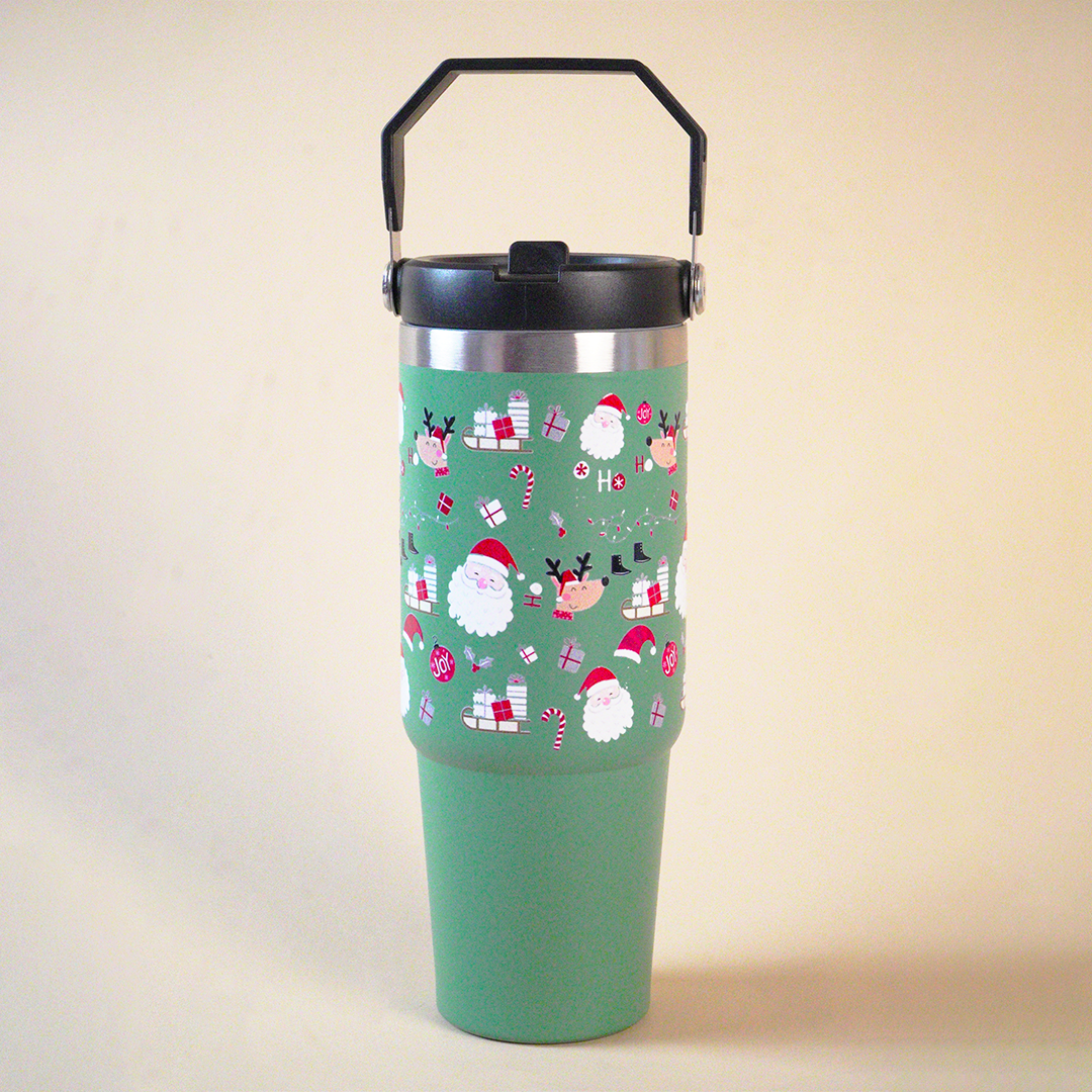 Jolly Santa & Reindeer Green Christmas Tumbler