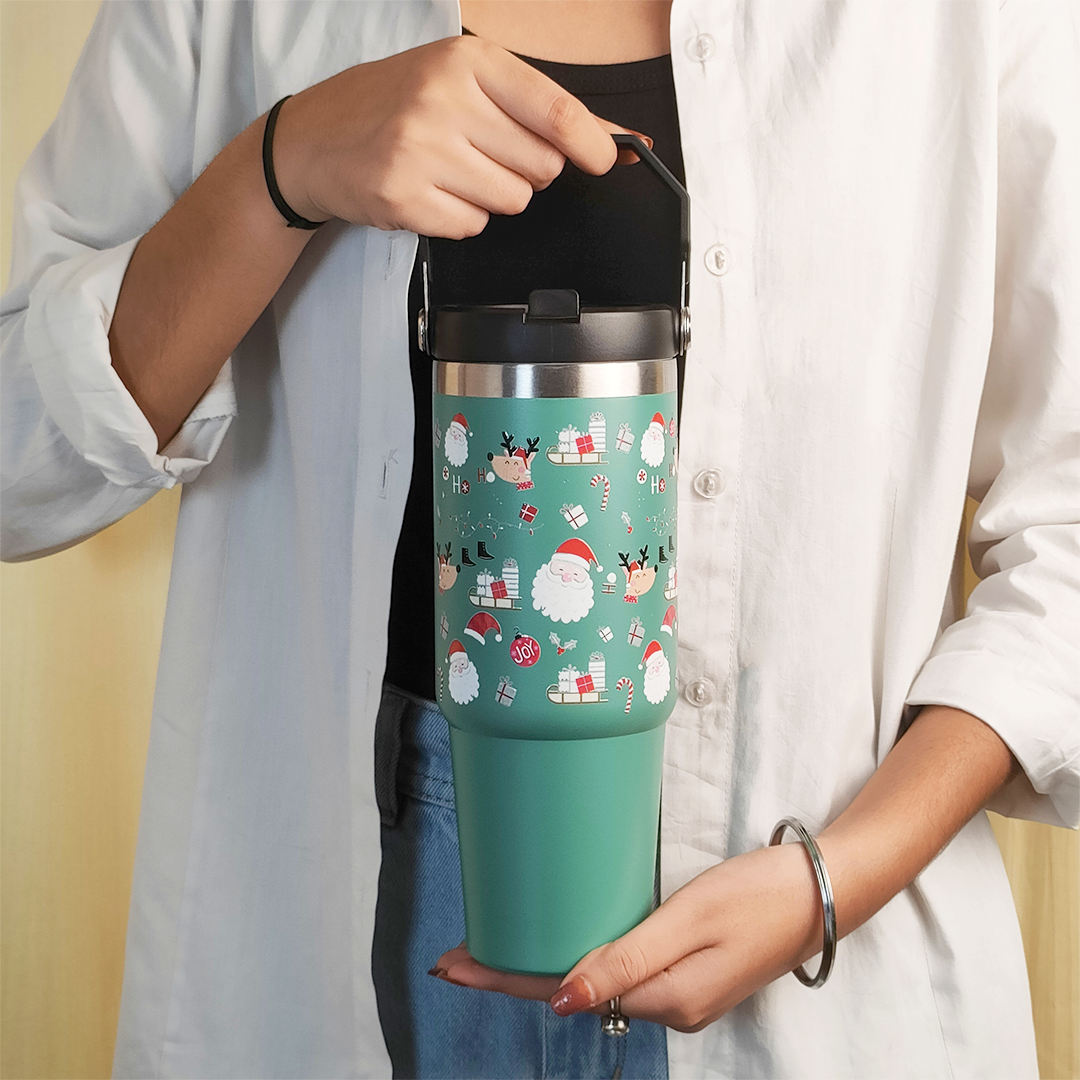 Jolly Santa & Reindeer Green Christmas Tumbler