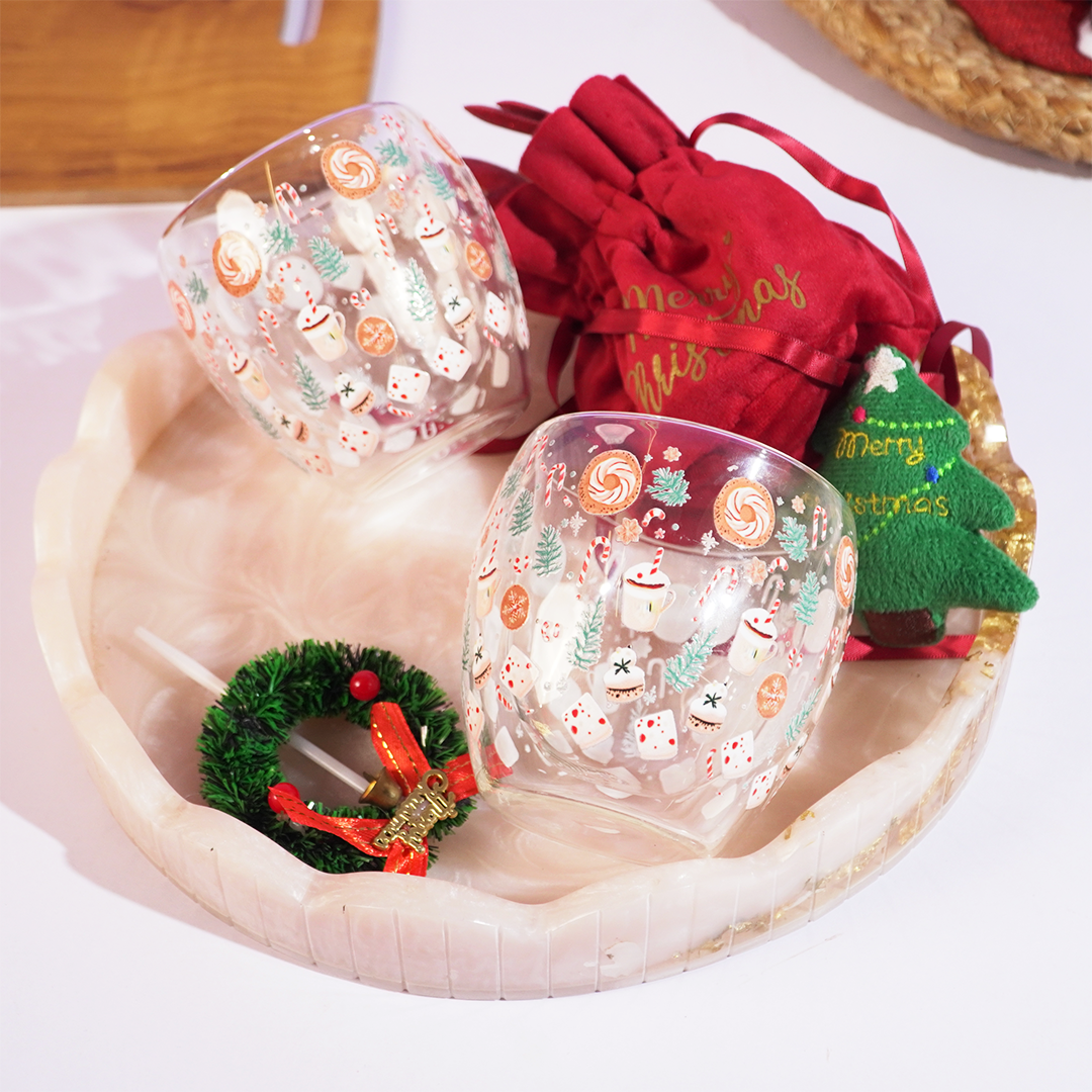 Set-2 Candy Cane & Christmas Treats  -Double Wall Glass Mug