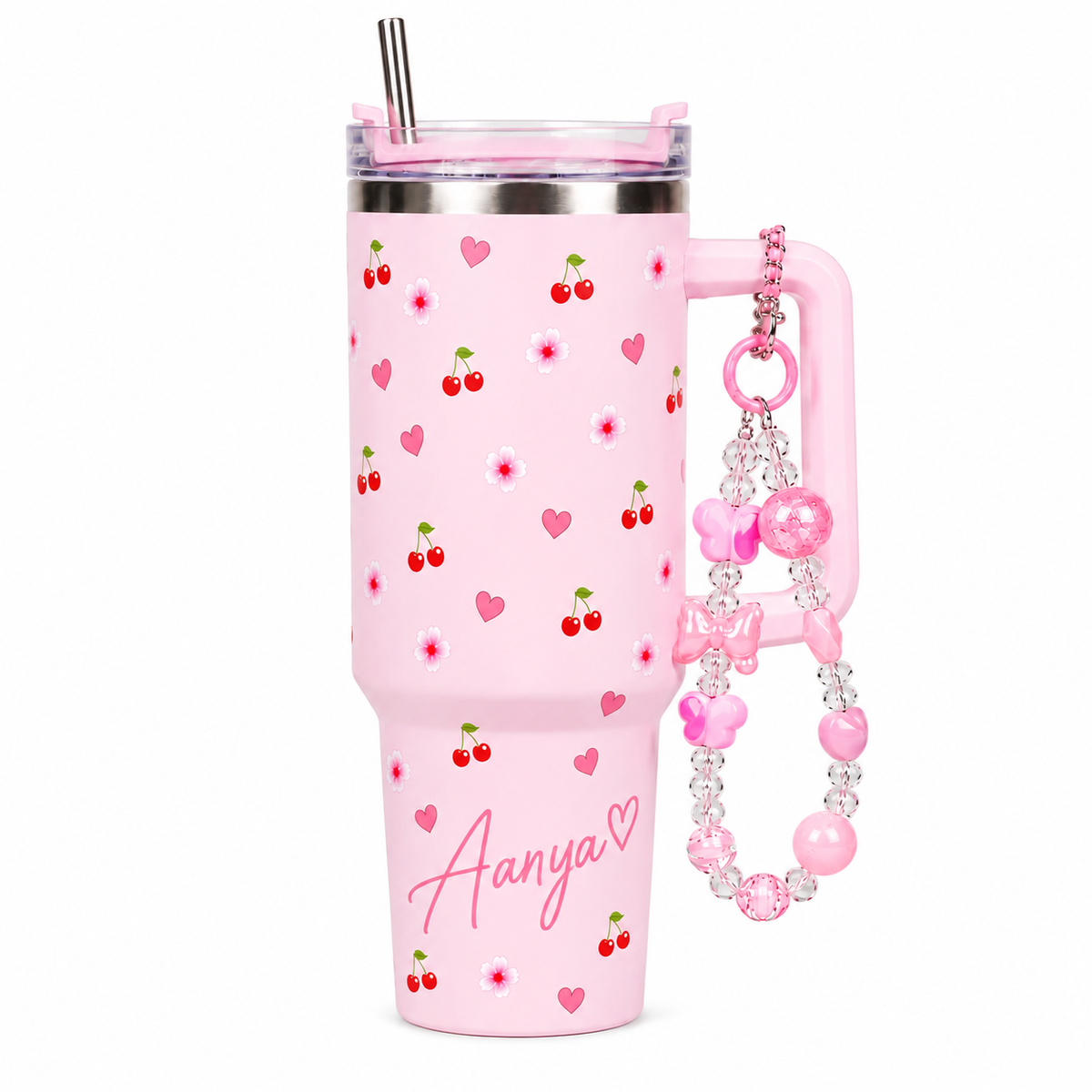 Personalised Pink Cherry & Floral Print Tumbler – Insulated Travel Tumbler with Handle & Straw