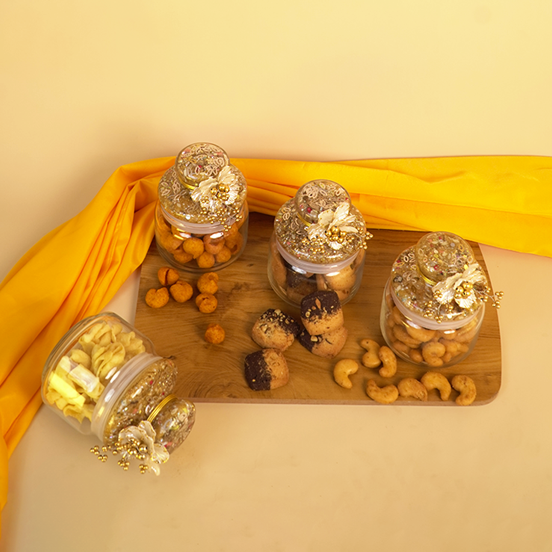 Set of 4 Golden Delight Festive Jar Set – Decorative Snack & Dry Fruit Jars for Gifting & Home Décor