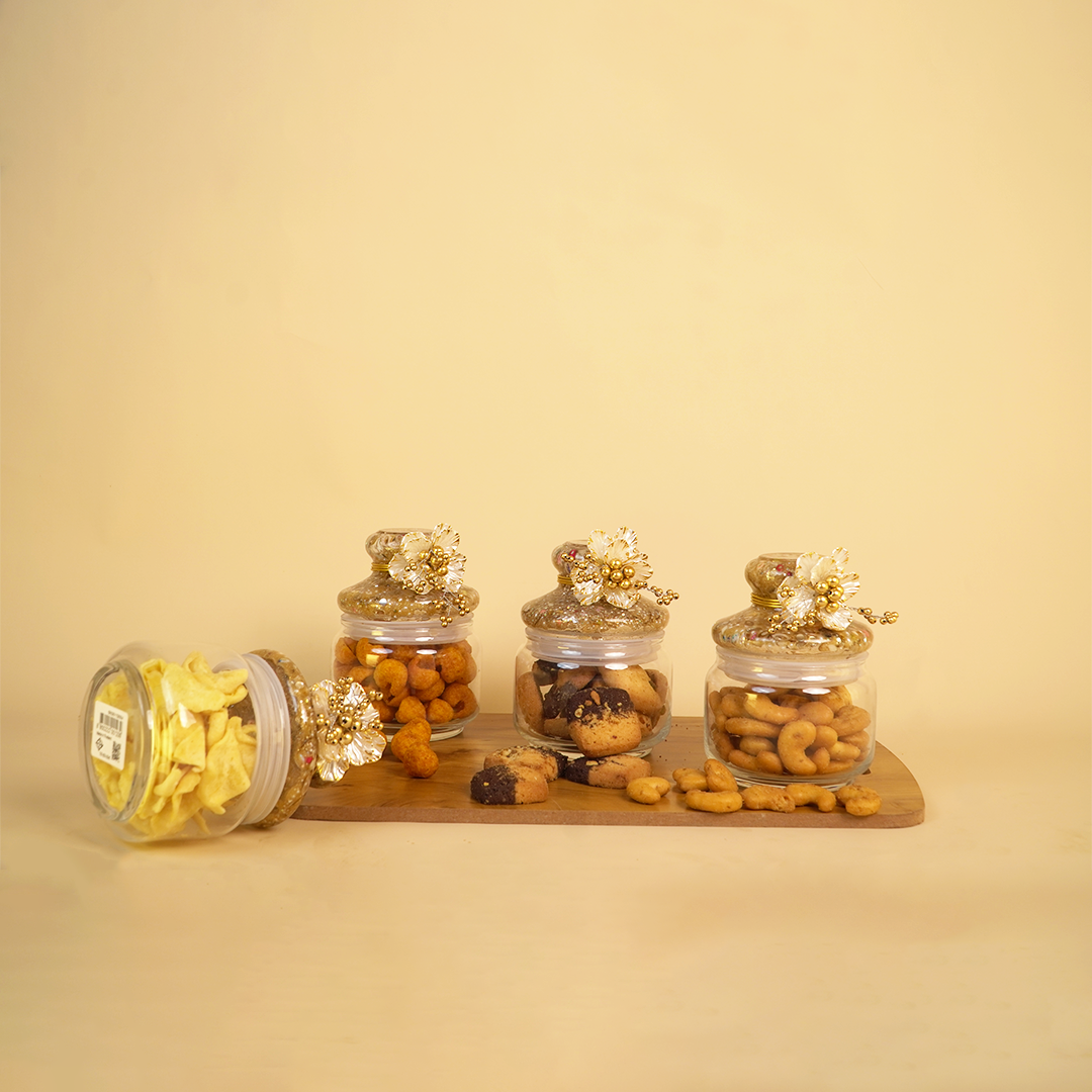 Set of 4 Golden Delight Festive Jar Set – Decorative Snack & Dry Fruit Jars for Gifting & Home Décor