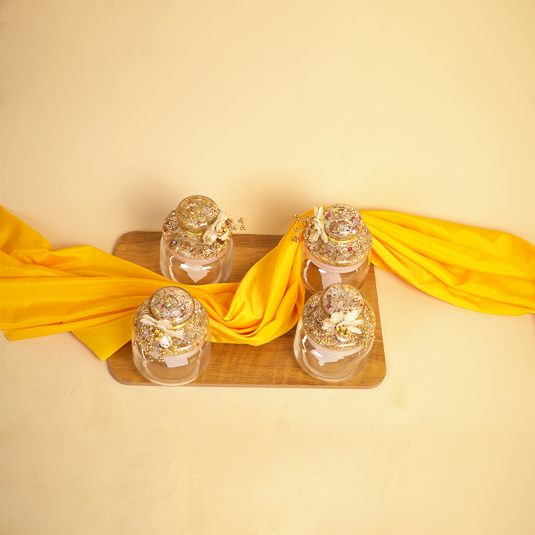 Set of 4 Golden Delight Festive Jar Set – Decorative Snack & Dry Fruit Jars for Gifting & Home Décor