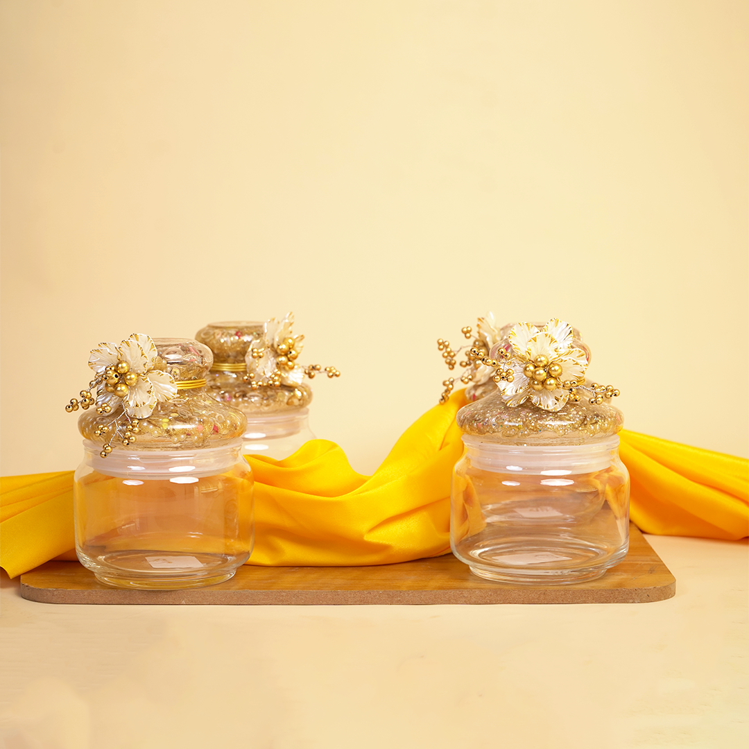 Set of 4 Golden Delight Festive Jar Set – Decorative Snack & Dry Fruit Jars for Gifting & Home Décor